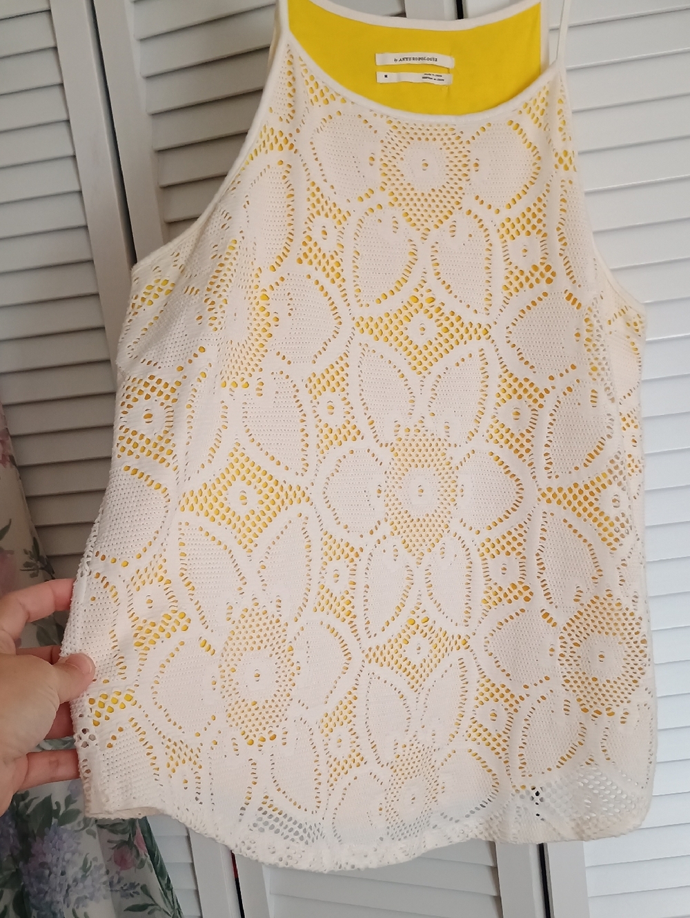 Vintage Anthropologie White Crochet Tank with Yellow Lining